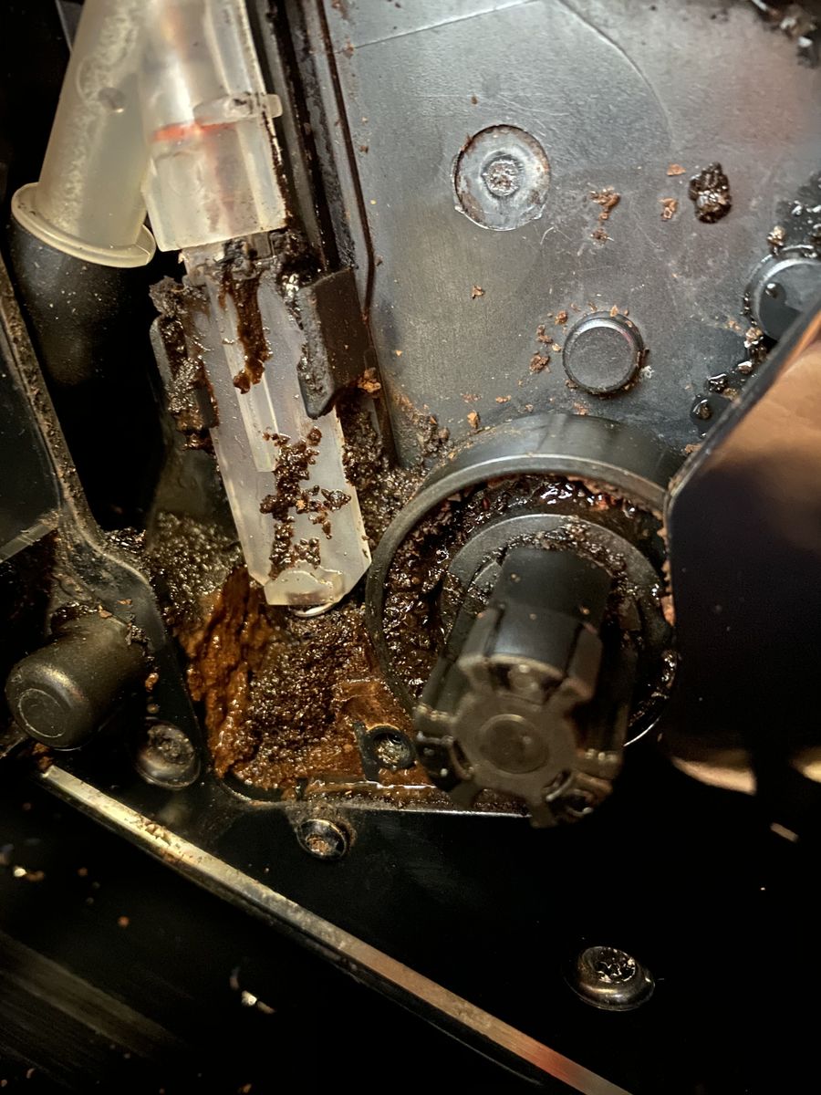 Innenleben eines Kaffeevollautomaten mit dicken Kaffeerückständen an Zahnrad und Mechanik