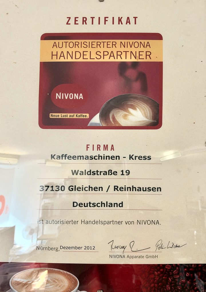 Zertifikat „Autorisierter NIVONA Handelspartner“ für die Firma Kaffeemaschinen-Kress, Waldstraße 19, 37130 Gleichen/Reinhausen – ausgestellt von der NIVONA Apparate GmbH, Nürnberg, im Dezember 2012